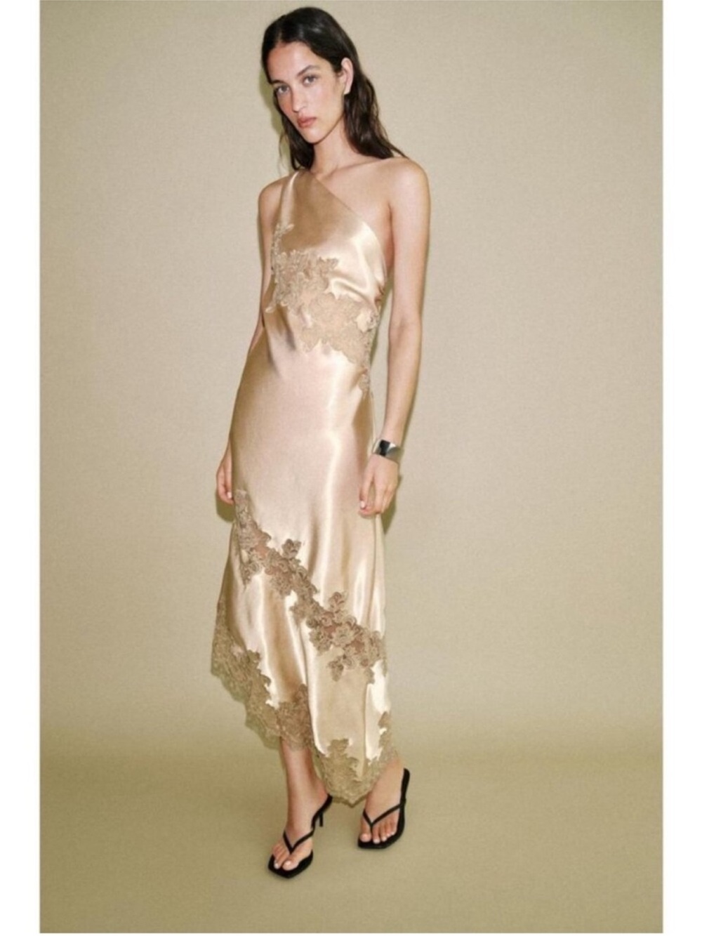 ZARA SATIN ASYMMETRIC FLORAL LACE DRESS